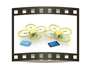 Image showing Drone, remote controller and tablet PC. The film strip