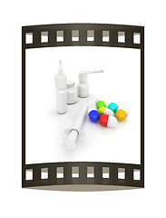 Image showing Syringe, tablet, pill jar. 3D illustration. The film strip