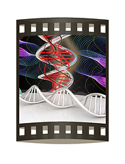 Image showing DNA structure model Background. 3d illustration. The film strip