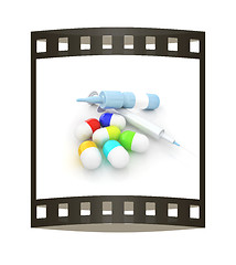 Image showing Syringe, tablet, pill jar. 3D illustration. The film strip