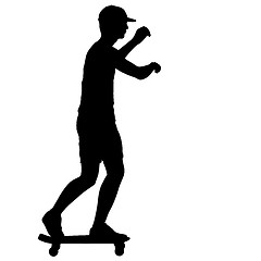 Image showing Silhouettes skateboarder performs jumping on a white background