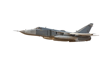 Image showing Military jet bomber Su-24 Fencer flying a white background