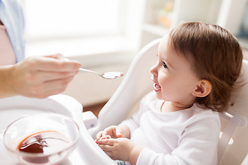 Image showing mother feeding baby with puree at home