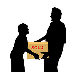 Image showing Happy buyers woman and man carrying something packed in a box