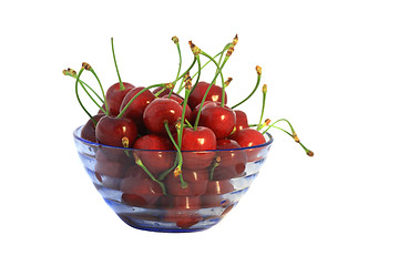 Image showing Cherry fruits in blue vase