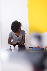 Image showing back female painter sitting on floor