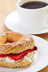 Image showing Smoked salmon bagel and coffee