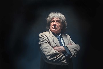 Image showing The senior man as detective or boss of mafia on gray studio background