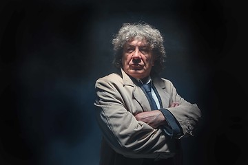 Image showing The senior man as detective or boss of mafia on gray studio background