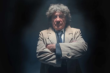 Image showing The senior man as detective or boss of mafia on gray studio background