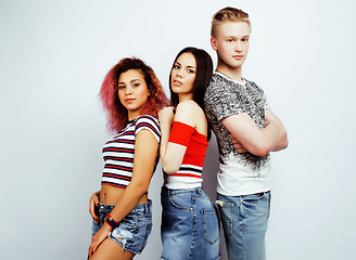 Image showing company of hipster guys, blonde boy and girls students having fun together friends, diverse fashion style and races, lifestyle people concept isolated on white background closeup