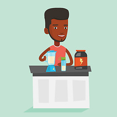 Image showing Young man making protein cocktail.