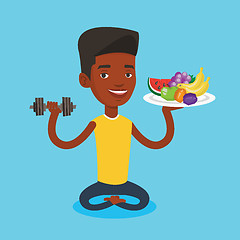 Image showing Healthy man with fruits and dumbbell.