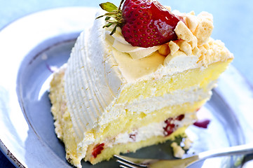 Image showing Slice of strawberry meringue cake