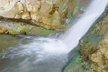 Image showing Wet rock, green algae and waterfall of Perino river, Valtrebbia, Italy