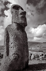 Image showing Moai statue, ahu Tongariki, easter island. Black and white pictu