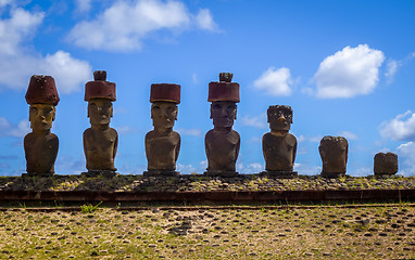 Image showing Moais statues site ahu Nao Nao on anakena beach, easter island