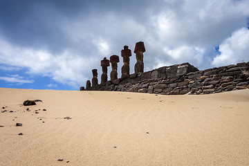 Image showing Moais statues site ahu Nao Nao on anakena beach, easter island