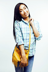 Image showing young pretty asian woman posing cheerful emotional isolated on white background, lifestyle people concept