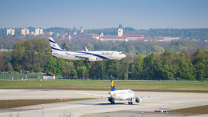 Image showing Airplane of Israeli airline El Al landing in Munich internationa