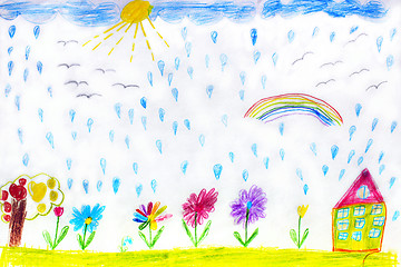 Image showing Children's drawing of house flowers and rainbow