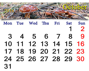 Image showing calendar for October 2016 with mushroom Boletus badius