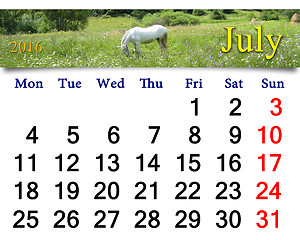 Image showing calendar for July 2016 with horse in the summer field