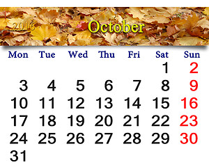 Image showing calendar for October 2016 with yellow leaves