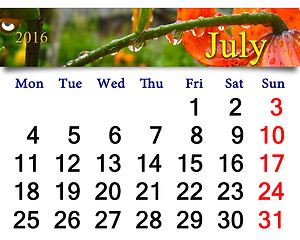 Image showing calendar for July 2016 with red lilies with drops of water