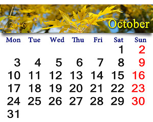 Image showing calendar for October 2016 with yellow leaves