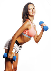 Image showing young pretty slim woman with dumbbell isolated