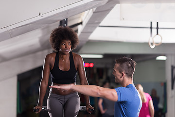 Image showing black woman doing parallel bars Exercise with trainer