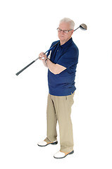Image showing Senior practicing golf at home.