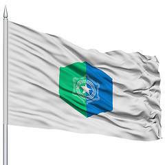 Image showing Sapporo Capital City Flag on Flagpole, Flying in the Wind, Isolated on White Background