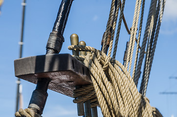 Image showing Rigging on the deck of an old sailing ship