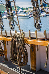 Image showing Rigging on the old sailboat against the background of modern yac