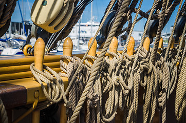 Image showing Rigging on the deck of an old sailing ship