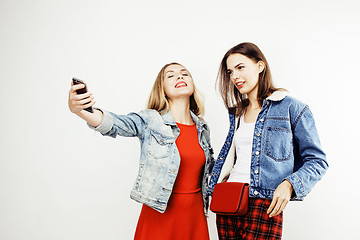 Image showing best friends teenage girls together having fun, posing emotional on white background, besties happy smiling, lifestyle people concept