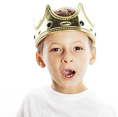 Image showing little cute boy wearing crown isolated close up on white