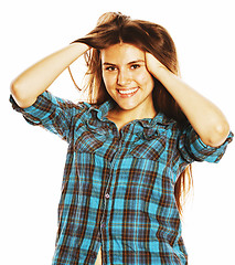 Image showing young pretty woman posing on white background isolated emotional