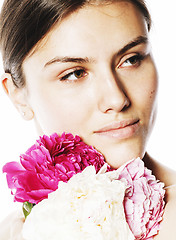 Image showing young beauty woman with flower peony pink closeup makeup soft te