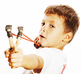 Image showing little cute angry real boy with slingshot isolated