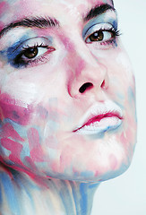 Image showing young woman with creative make up like painted oil picture on fa