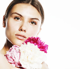 Image showing young beauty woman with flower peony pink closeup makeup soft te