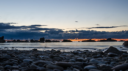 Image showing Sunset on the Baltic Sea, stony shore