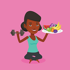 Image showing Healthy woman with fruits and dumbbell.