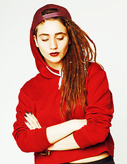 Image showing real caucasian woman with dreadlocks hairstyle funny cheerful fa