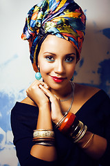 Image showing beauty bright african woman with creative make up, shawl on head
