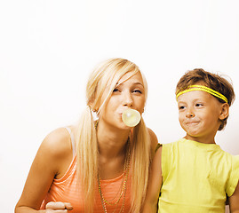 Image showing funny mother and son with bubble gum