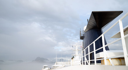 Image showing Cruise Ship Sea Ferry Smokestack Cloudy Skies